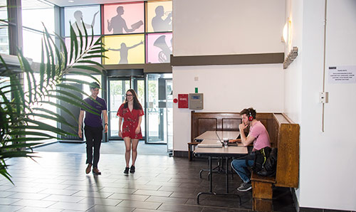 Students entering the Martin Harris Centre foyer