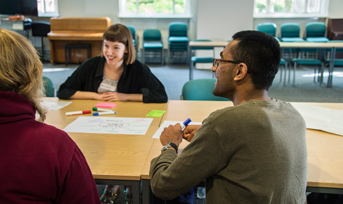 Students in room G16 of the Martin Harris Centre with marker pens and post-it notes