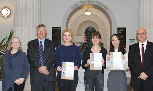 Sir Martin Harris (second from left) presenting the Martin Harris Prize for Cultural Engagement and Social Responsibility to students in 2016