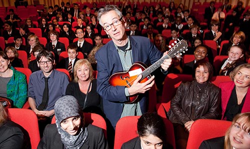 John Hegley in the Cosmo Rodewald Concert Hall with school groups